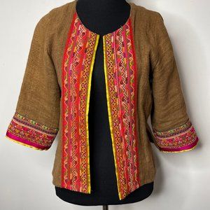 IBU Movement Embroidered Cropped Linen Brown Jacket Handmade